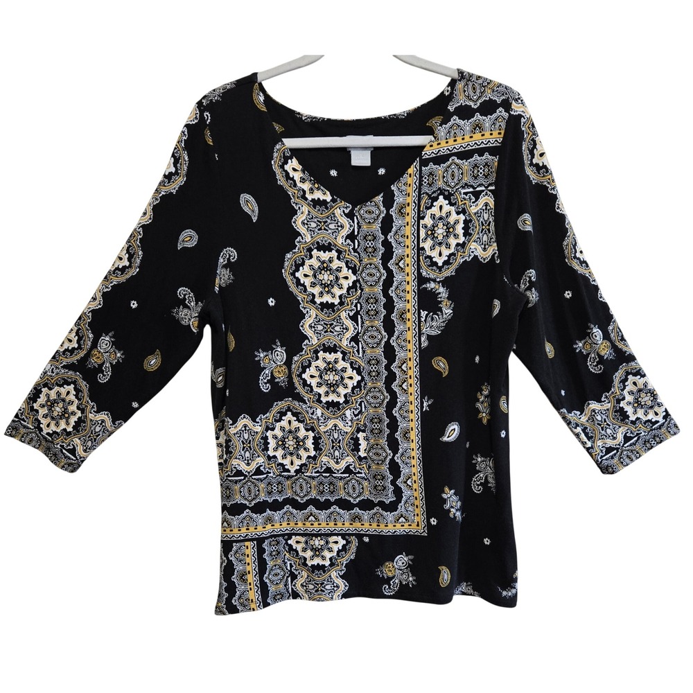 Chicos Boho Chic Black Yellow Paisley Scarf Print V-Neck 3/4 Sleeve Top Size 2/L